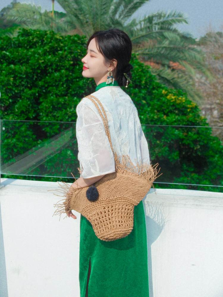Green acetate jacquard fabric| Modern one-Pieces Qipao Dress(翠微) - E·Beauty