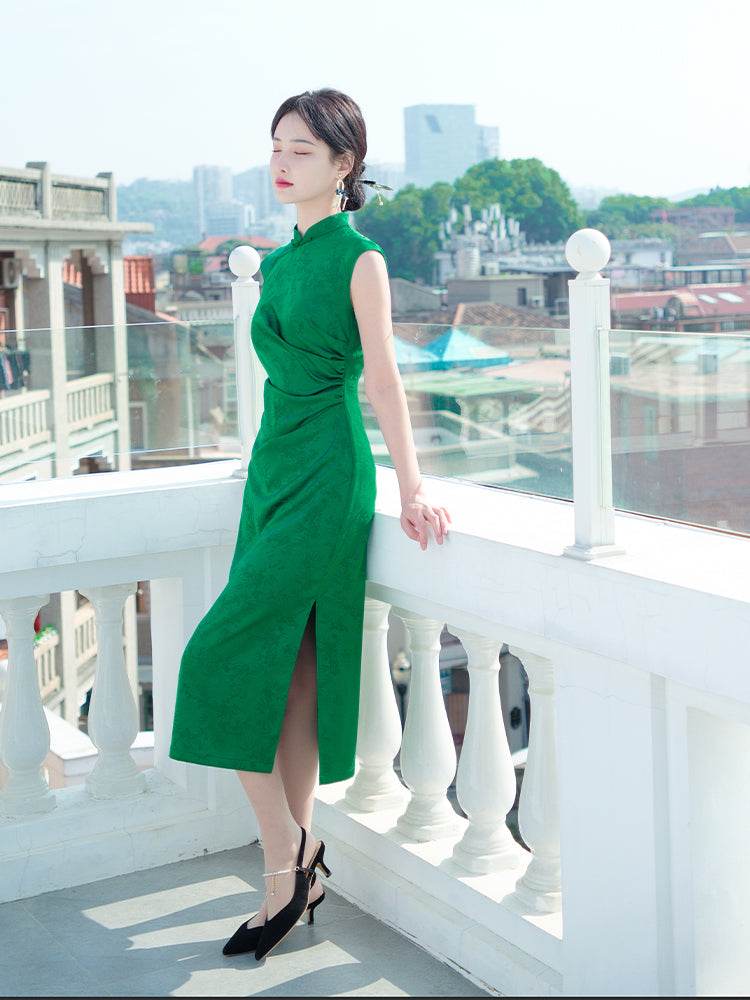 Green acetate jacquard fabric| Modern one-Pieces Qipao Dress(翠微) - E·Beauty