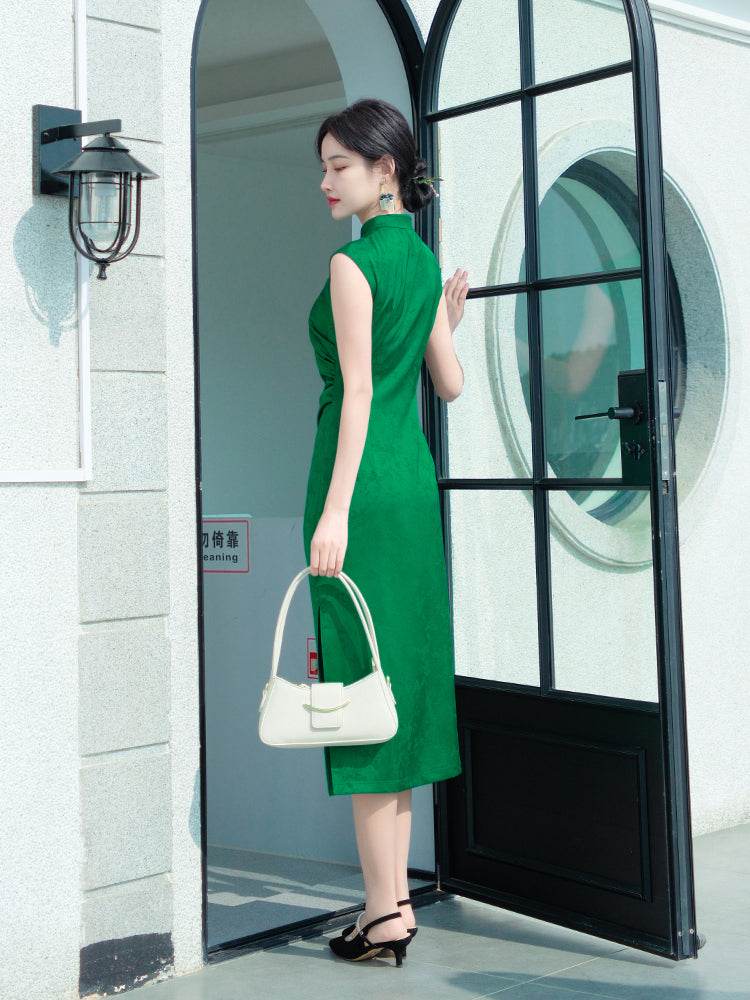 Green acetate jacquard fabric| Modern one-Pieces Qipao Dress(翠微) - E·Beauty