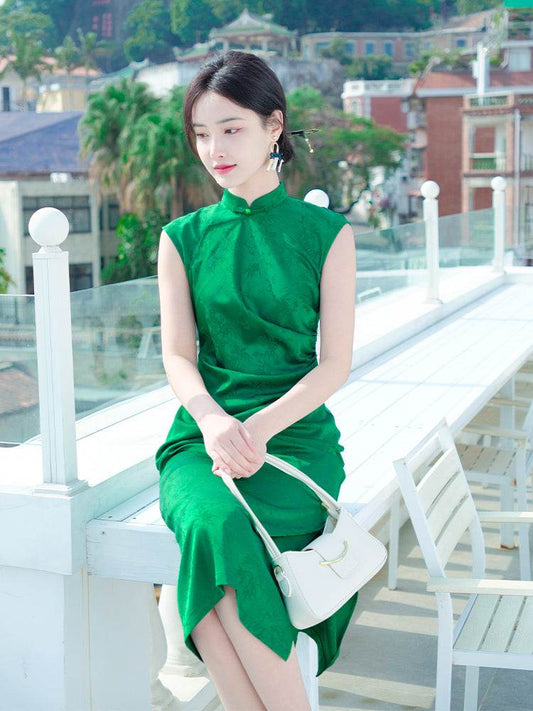 Green acetate jacquard fabric| Modern one-Pieces Qipao Dress(翠微) - E·Beauty