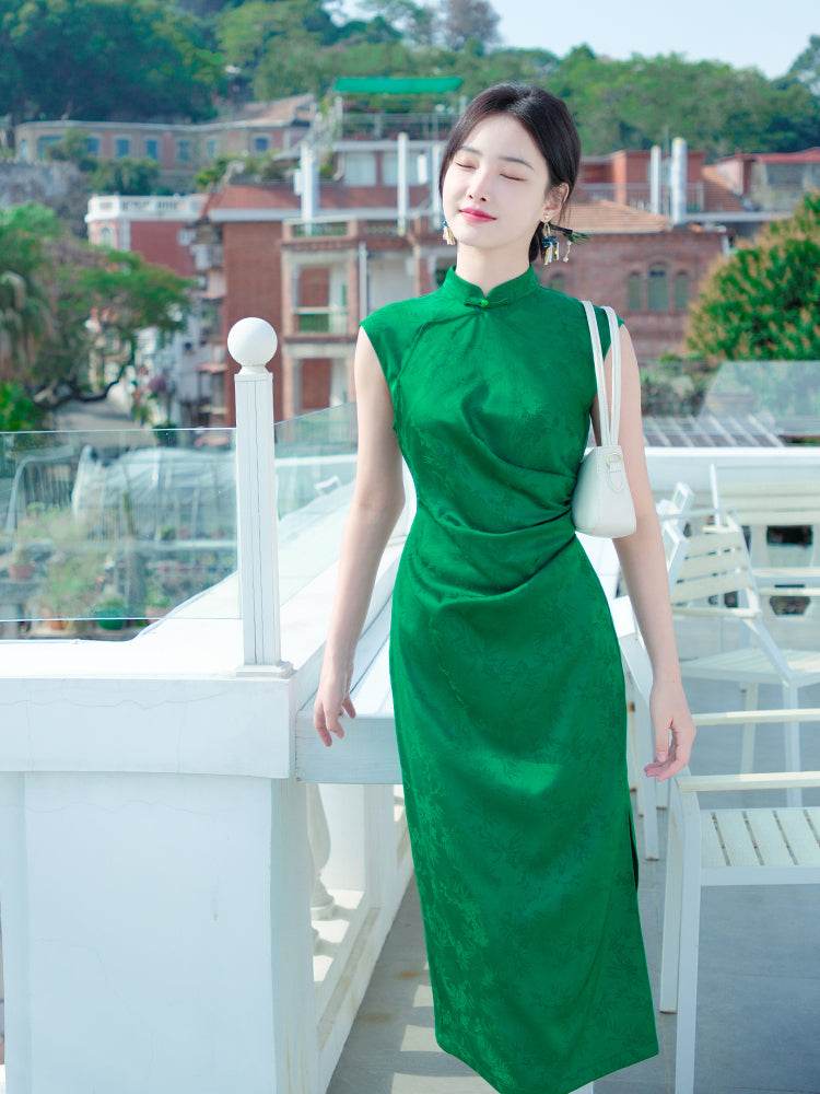 Green acetate jacquard fabric| Modern one-Pieces Qipao Dress(翠微) - E·Beauty