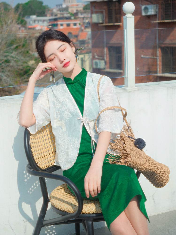 Green acetate jacquard fabric| Modern one-Pieces Qipao Dress(翠微) - E·Beauty