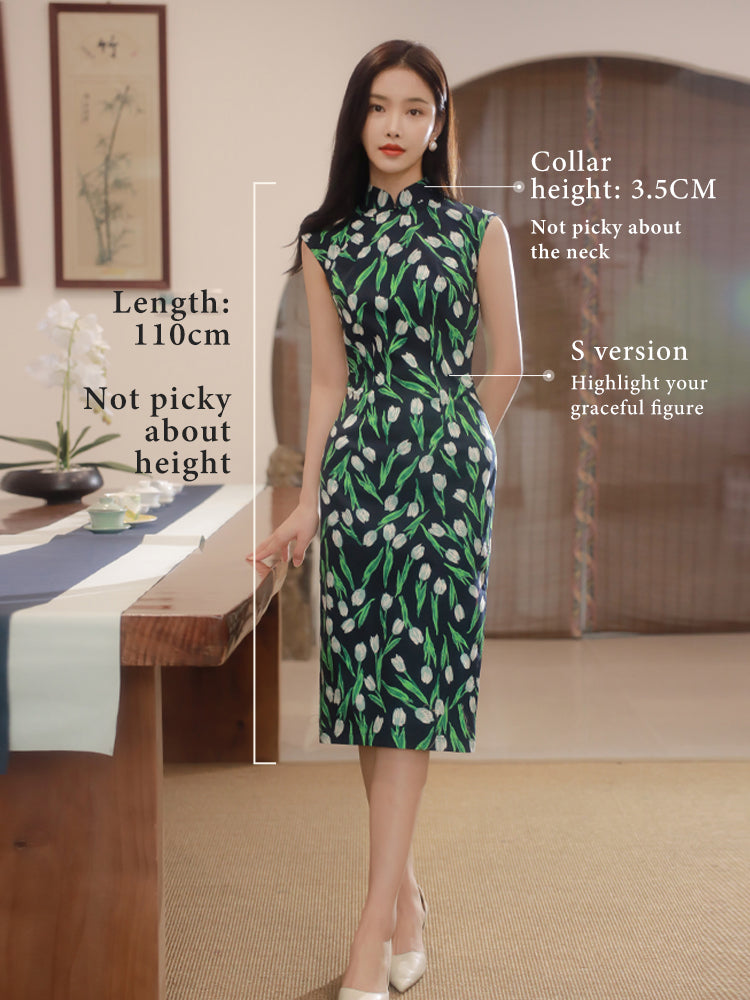 White tulip pattern| Modern one-Pieces Qipao Dress(沁心)
