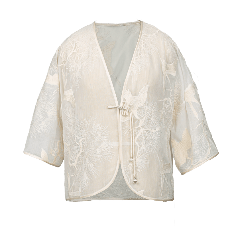 White |Qipao-Inspired Kimono Wrap with Floral Stitchwork(鹤云) - E·Beauty