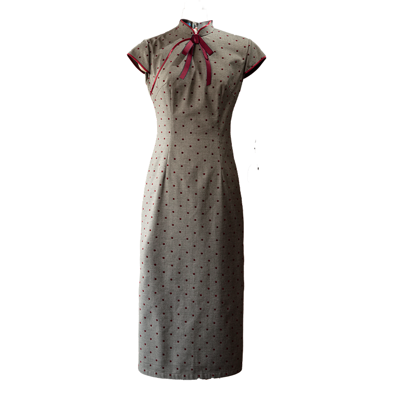 Dusk Grey with Red Polka Dots | Modern one-Pieces Qipao Dress(佳音)