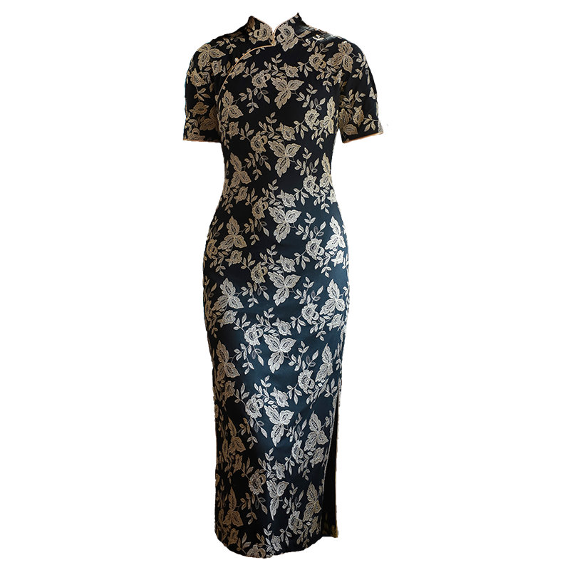 Literary Black - Stretch Knit with Scholarly Elegance | Modern one-Pieces Qipao Dress (芳辰)