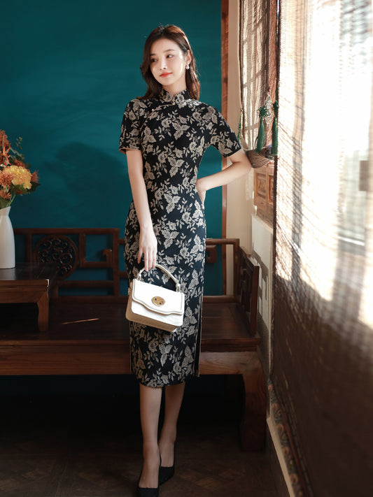 Literary Black - Stretch Knit with Scholarly Elegance | Modern one-Pieces Qipao Dress (芳辰)