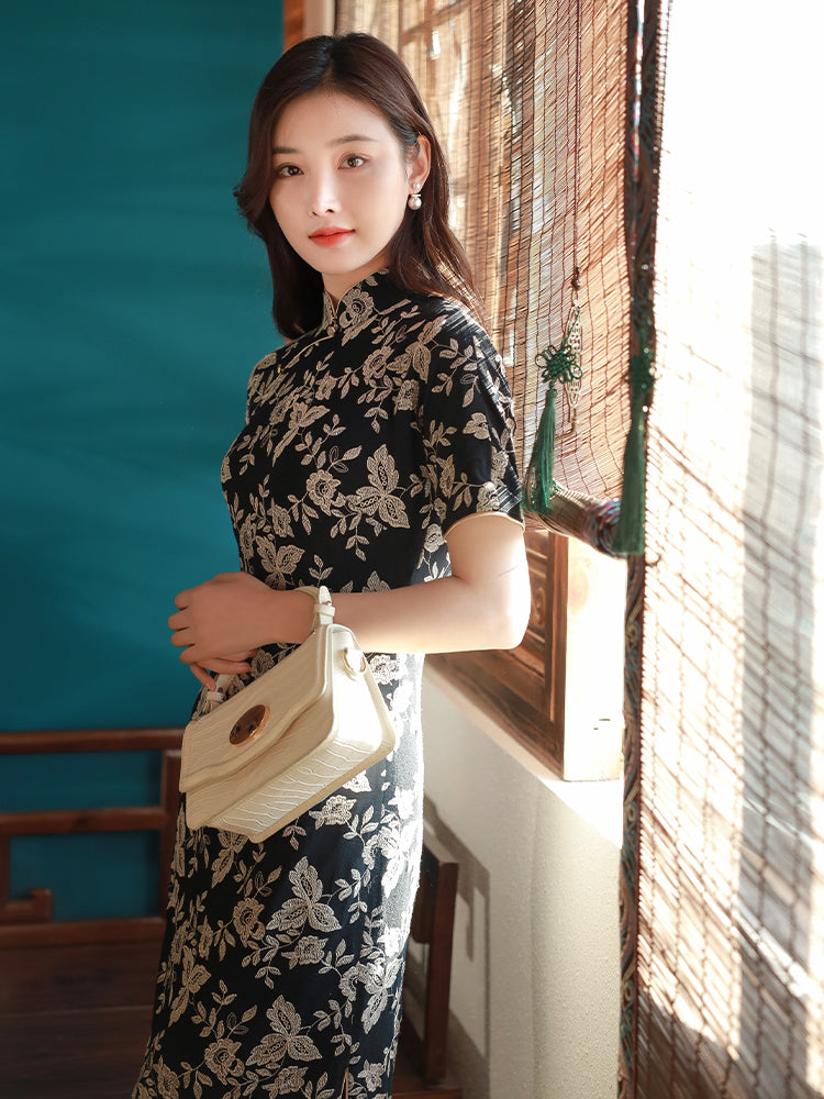 Literary Black - Stretch Knit with Scholarly Elegance | Modern one-Pieces Qipao Dress (芳辰)