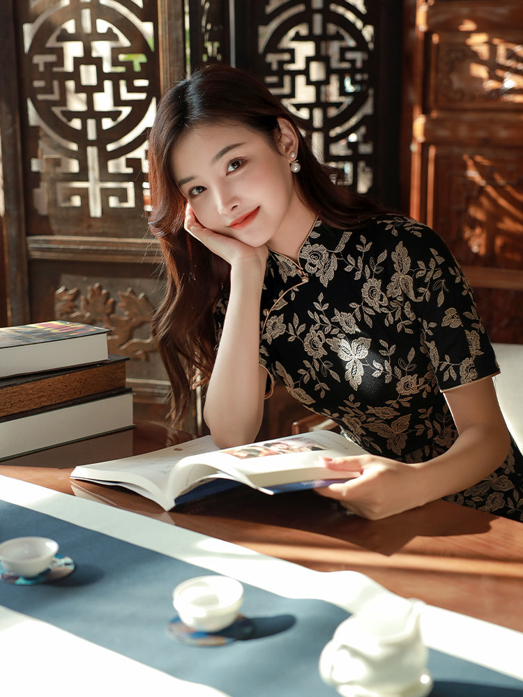 Literary Black - Stretch Knit with Scholarly Elegance | Modern one-Pieces Qipao Dress (芳辰)