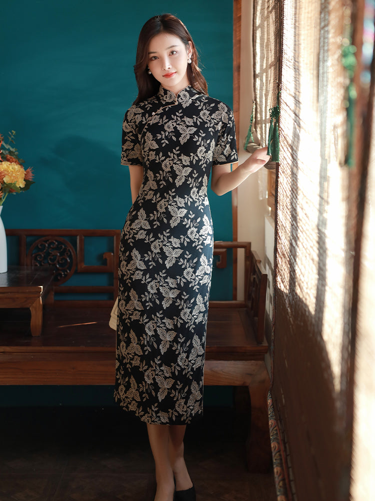 Literary Black - Stretch Knit with Scholarly Elegance | Modern one-Pieces Qipao Dress (芳辰)