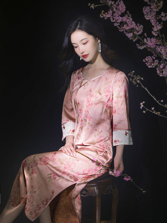 Jade-Pink Jinling Satin "Kitten Chasing Butterflies" | Modern one-Pieces Qipao Dress(芳妍)