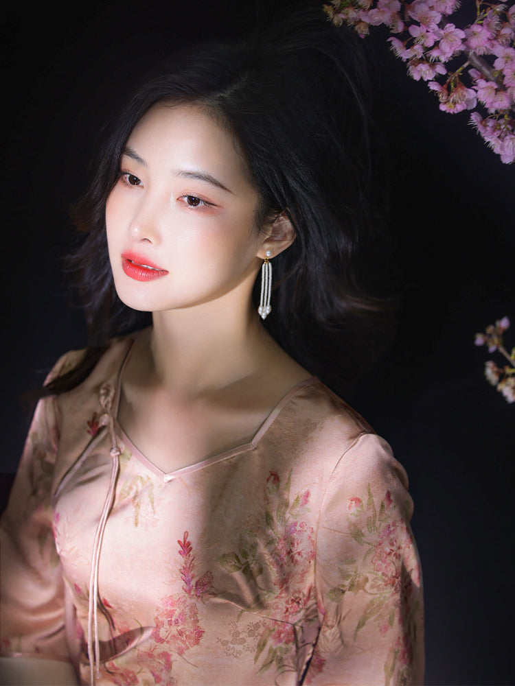 Jade-Pink Jinling Satin "Kitten Chasing Butterflies" | Modern one-Pieces Qipao Dress(芳妍)