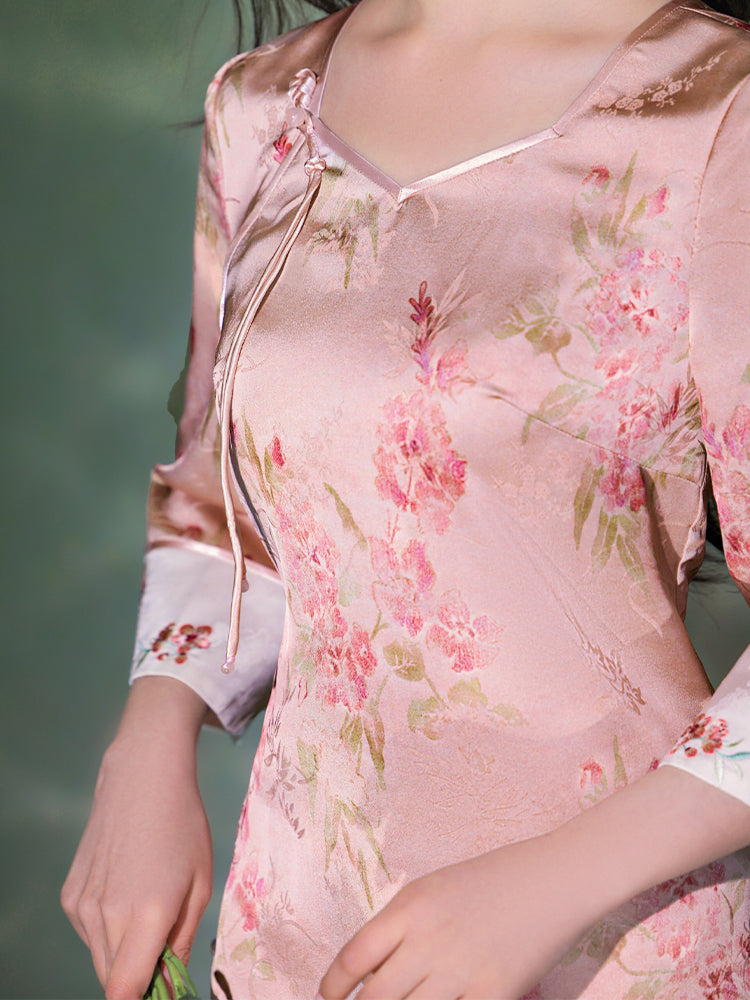 Jade-Pink Jinling Satin "Kitten Chasing Butterflies" | Modern one-Pieces Qipao Dress(芳妍)