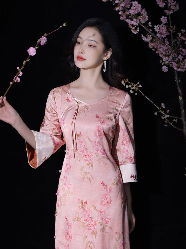 Jade-Pink Jinling Satin "Kitten Chasing Butterflies" | Modern one-Pieces Qipao Dress(芳妍)