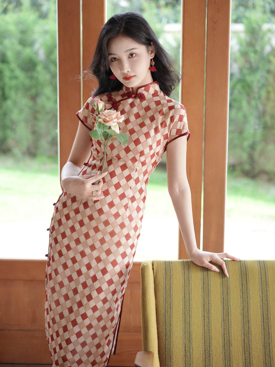 Apricot Geometric Diamond Pattern| Modern one-Pieces Qipao Dress(方仪) - E·Beauty
