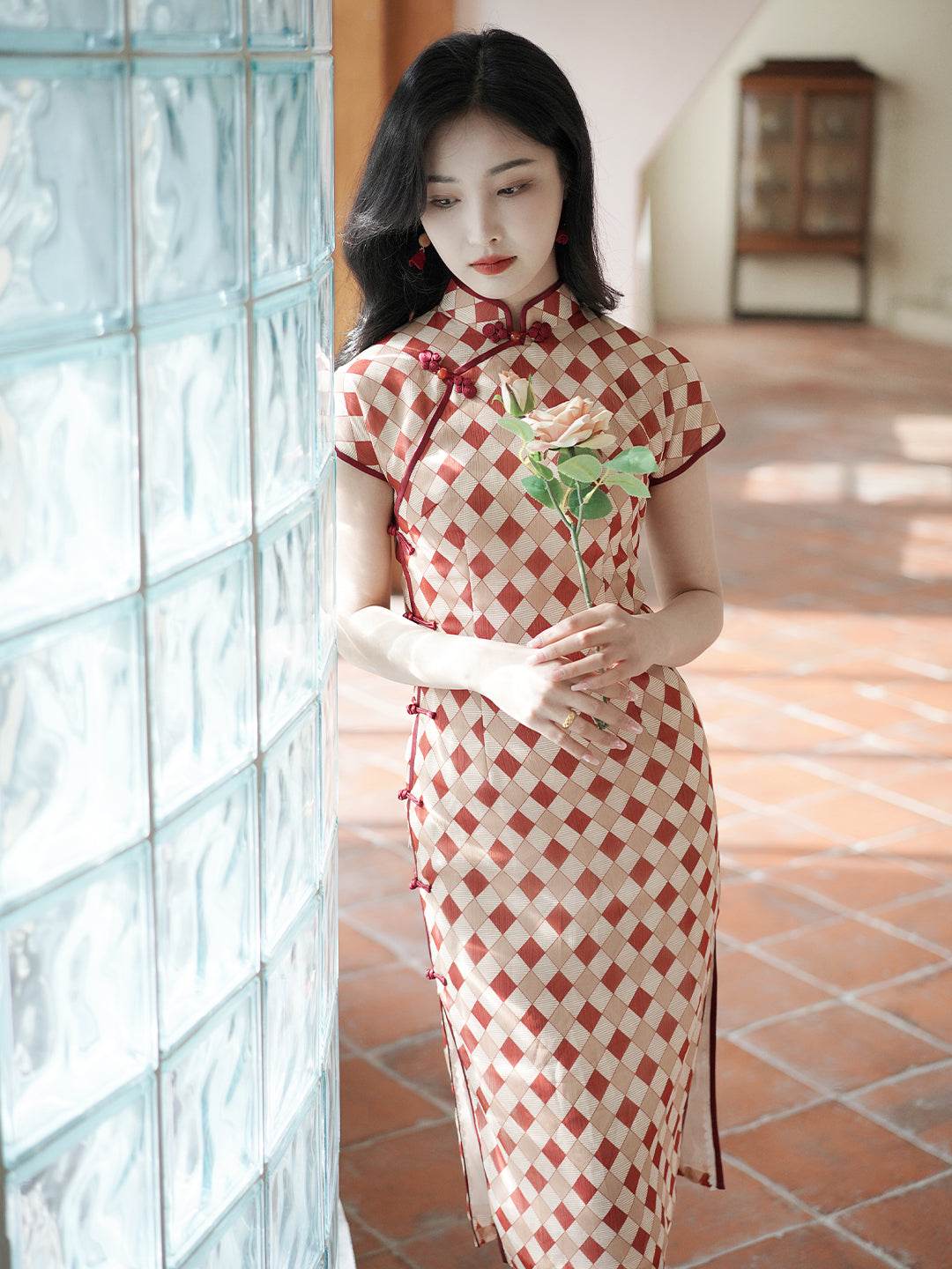 Apricot Geometric Diamond Pattern| Modern one-Pieces Qipao Dress(方仪) - E·Beauty