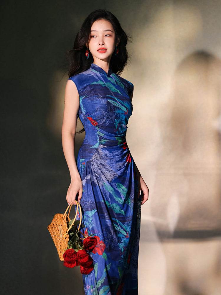 Red rose with Sapphire Blue Stretch Mesh Fabric|Full-length flared skirt(浣黎) - E·Beauty