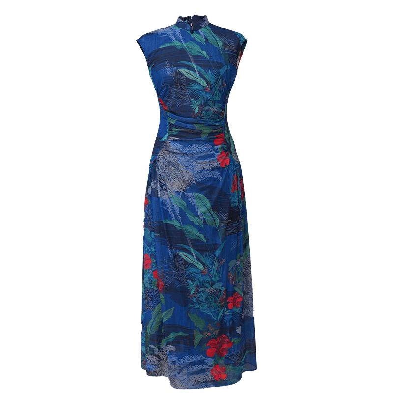 Red rose with Sapphire Blue Stretch Mesh Fabric|Full-length flared skirt(浣黎) - E·Beauty