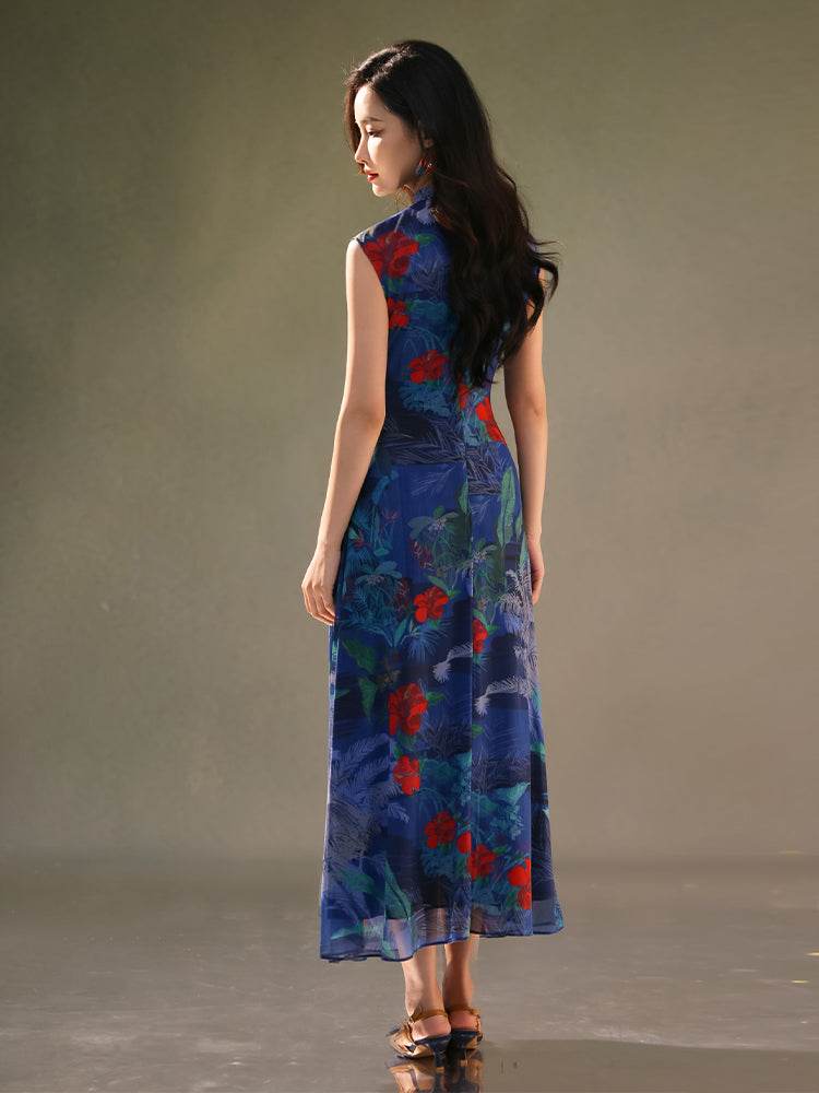 Red rose with Sapphire Blue Stretch Mesh Fabric|Full-length flared skirt(浣黎) - E·Beauty
