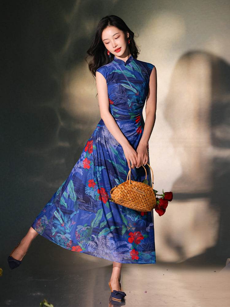 Red rose with Sapphire Blue Stretch Mesh Fabric|Full-length flared skirt(浣黎) - E·Beauty