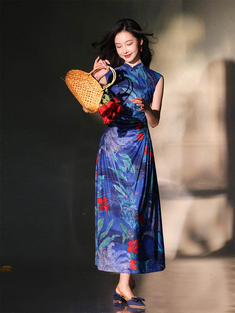 Red rose with Sapphire Blue Stretch Mesh Fabric|Full-length flared skirt(浣黎) - E·Beauty