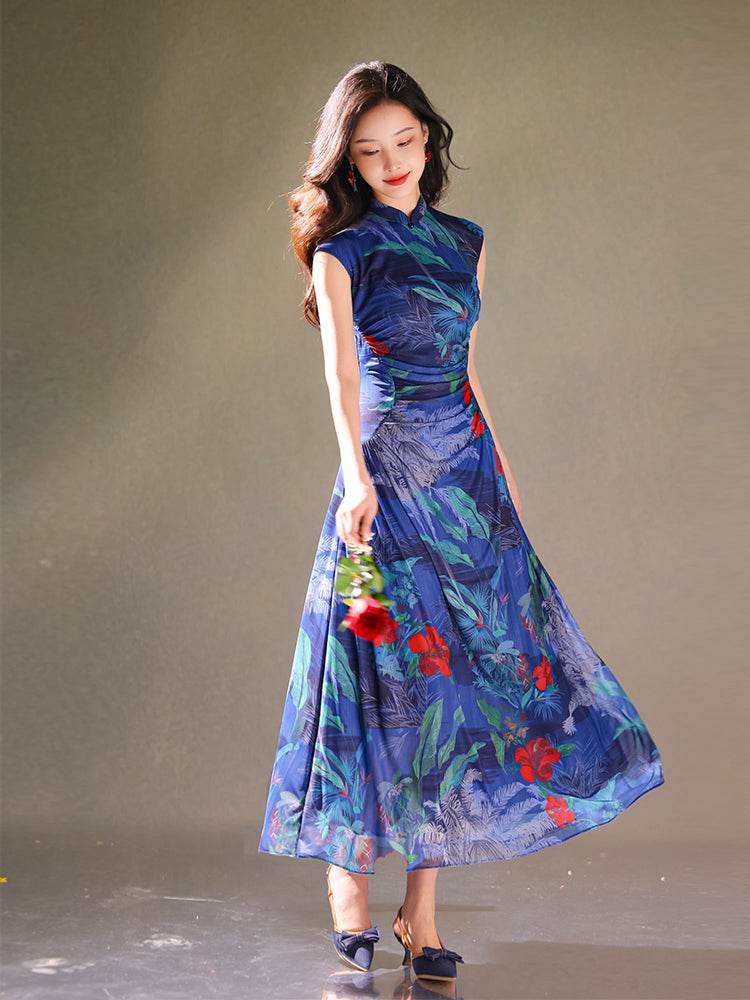 Red rose with Sapphire Blue Stretch Mesh Fabric|Full-length flared skirt(浣黎) - E·Beauty