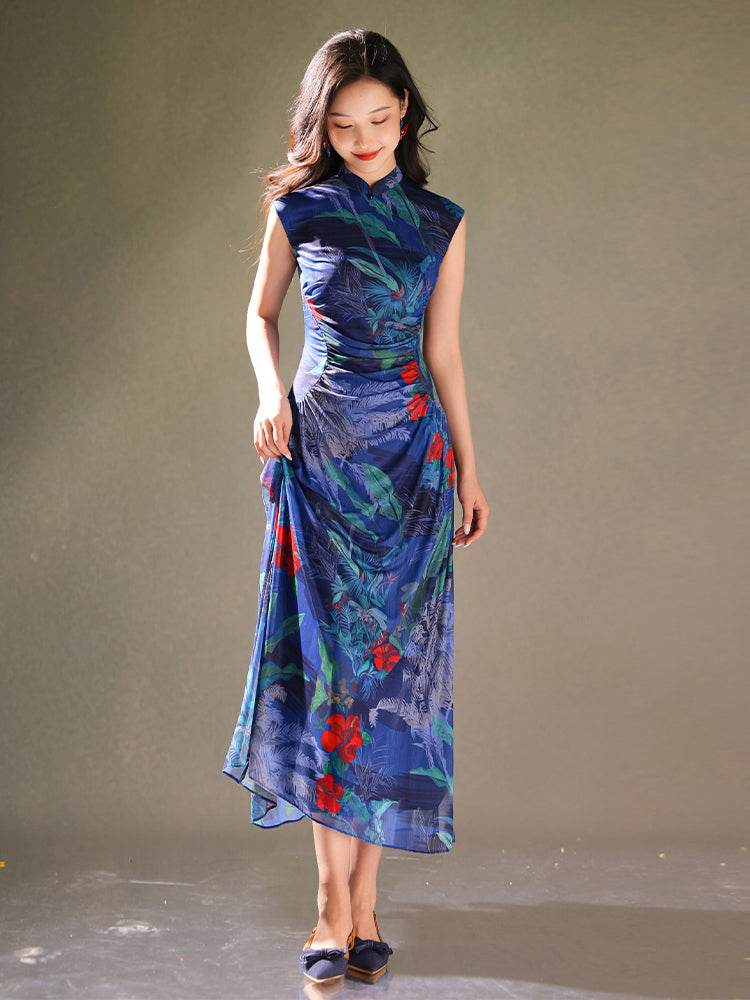 Red rose with Sapphire Blue Stretch Mesh Fabric|Full-length flared skirt(浣黎) - E·Beauty