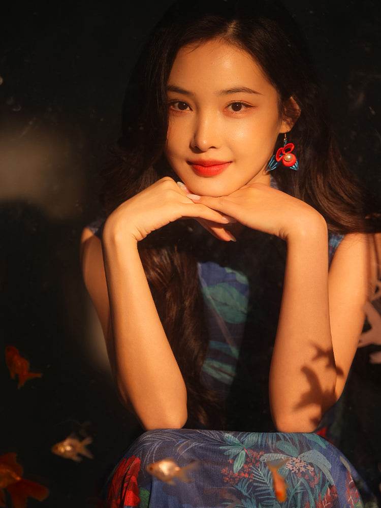 Red rose with Sapphire Blue Stretch Mesh Fabric|Full-length flared skirt(浣黎) - E·Beauty