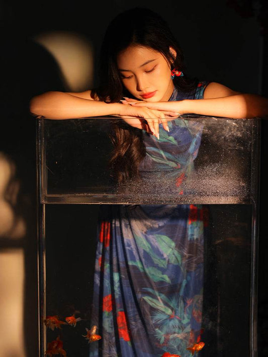 Red rose with Sapphire Blue Stretch Mesh Fabric|Full-length flared skirt(浣黎) - E·Beauty