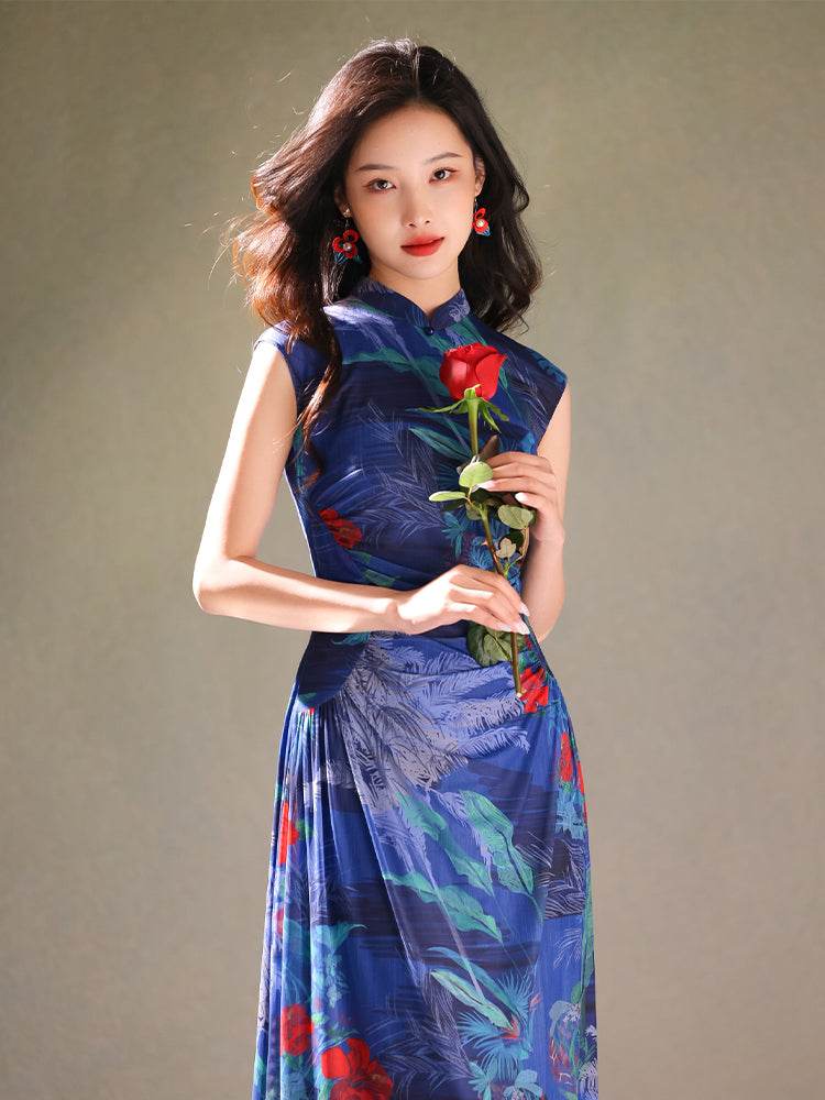 Red rose with Sapphire Blue Stretch Mesh Fabric|Full-length flared skirt(浣黎) - E·Beauty