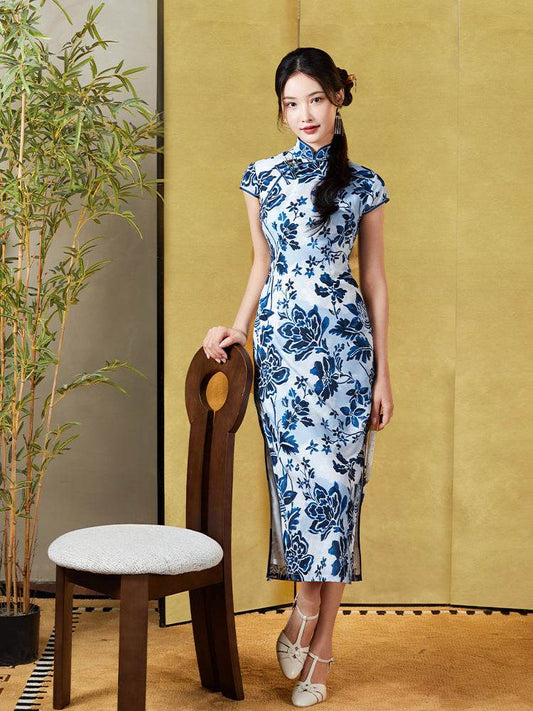 Imperial Kiln-inspired blue-white motif| Modern one-Pieces Qipao Dress(珈蓝) - E·Beauty