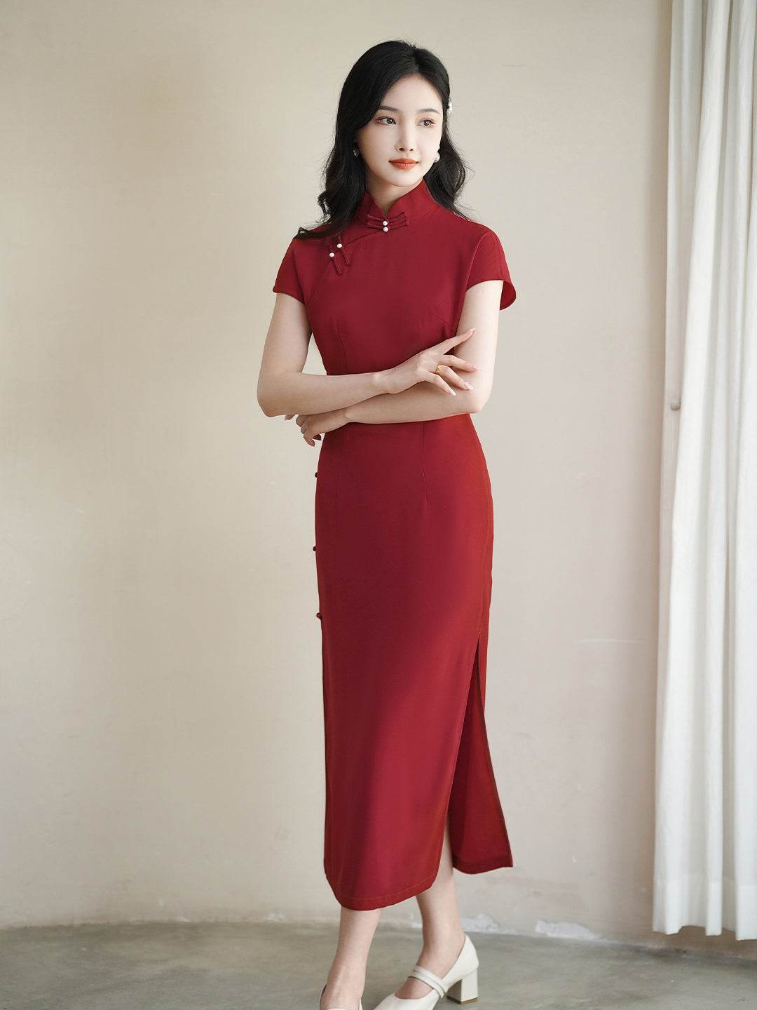 Haute Couture Red Acetate Fabric| Modern one-Pieces Qipao Dress(妗鸿) - E·Beauty