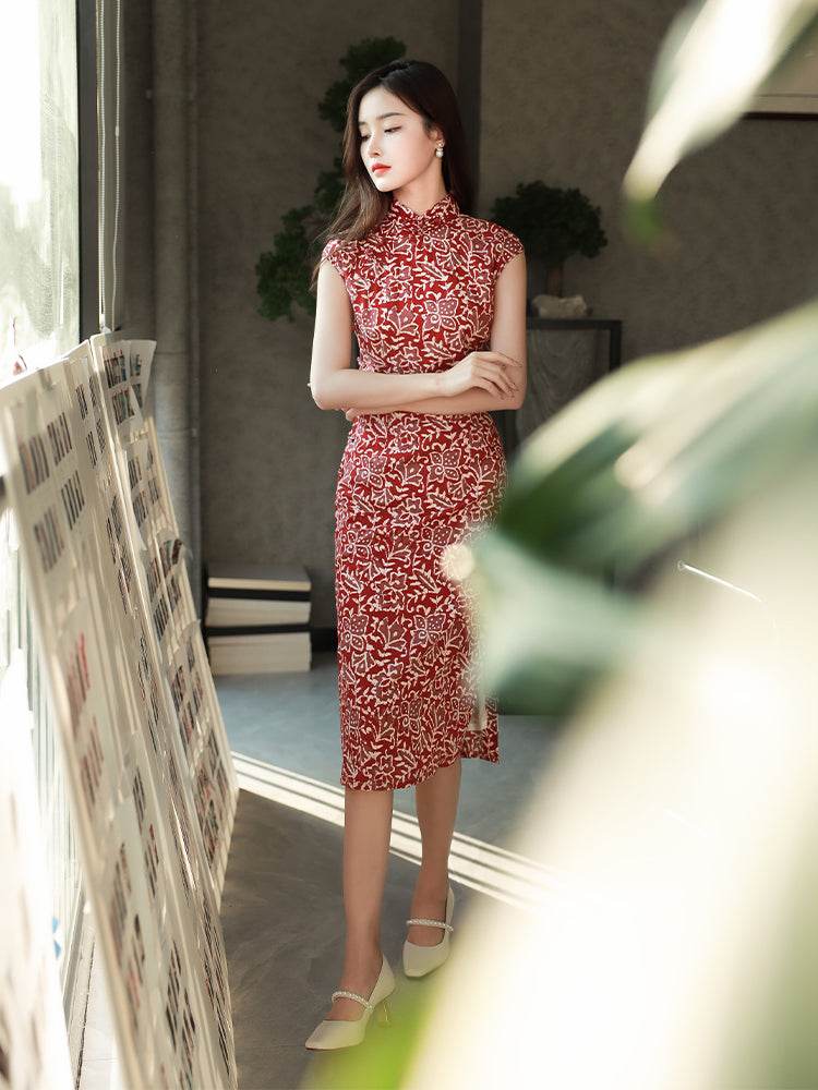 Pompeian Red Lobelia pattern| Modern one-Pieces Qipao Dress(龙葵) - E·Beauty