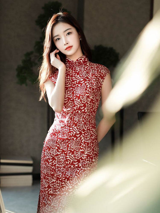 Pompeian Red Lobelia pattern| Modern one-Pieces Qipao Dress(龙葵) - E·Beauty