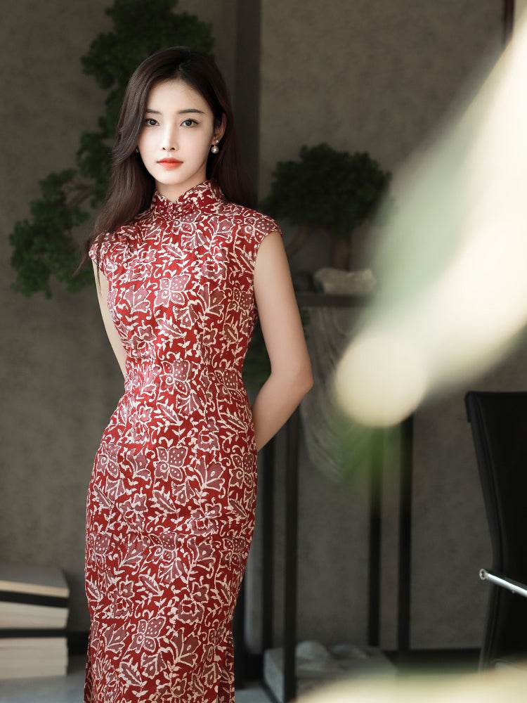Pompeian Red Lobelia pattern| Modern one-Pieces Qipao Dress(龙葵) - E·Beauty