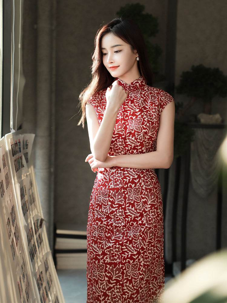 Pompeian Red Lobelia pattern| Modern one-Pieces Qipao Dress(龙葵) - E·Beauty