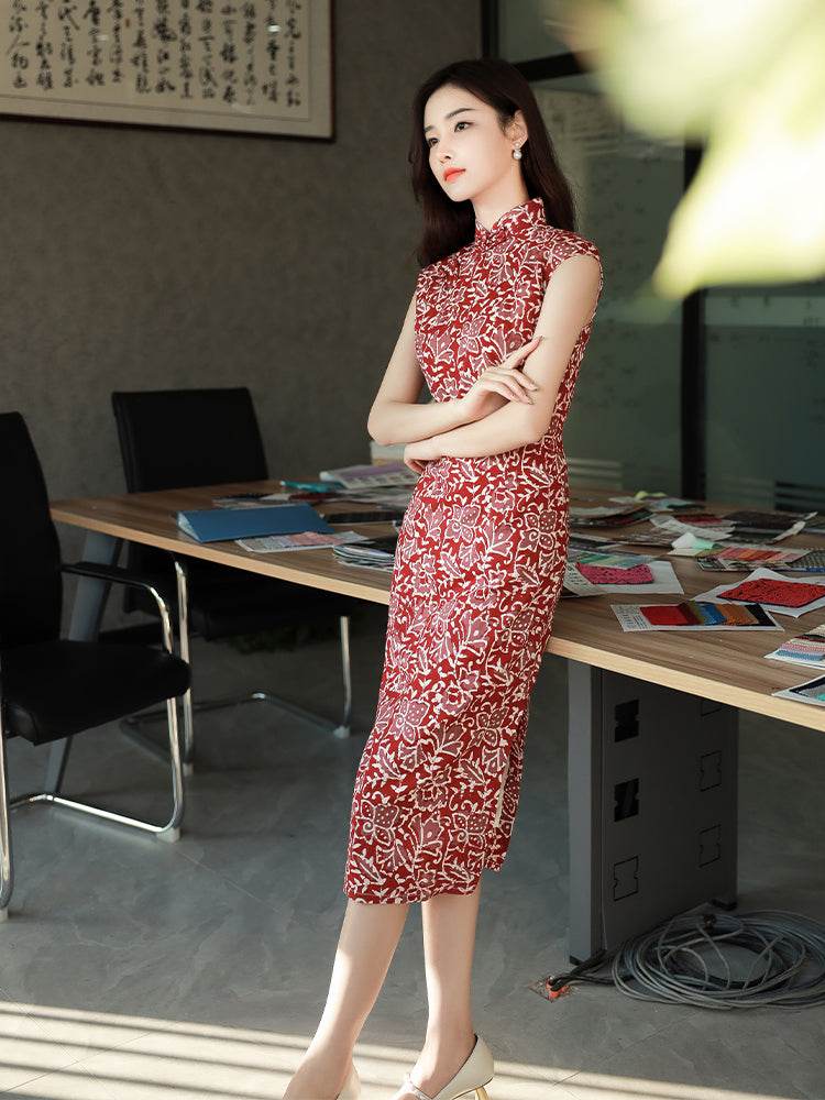Pompeian Red Lobelia pattern| Modern one-Pieces Qipao Dress(龙葵) - E·Beauty