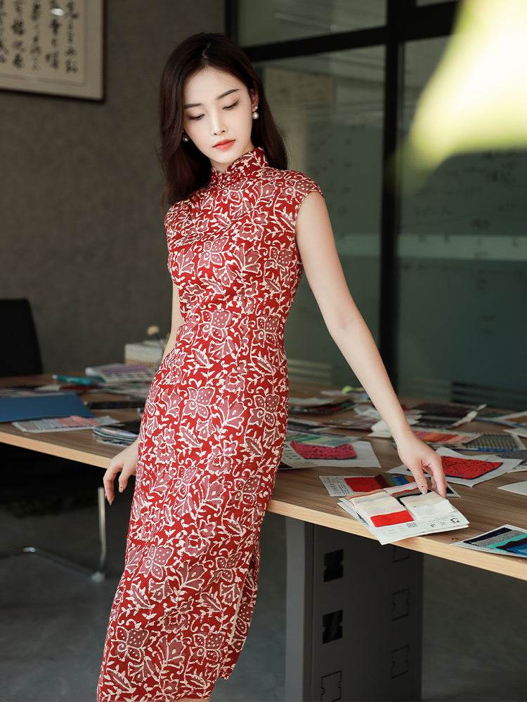 Pompeian Red Lobelia pattern| Modern one-Pieces Qipao Dress(龙葵) - E·Beauty