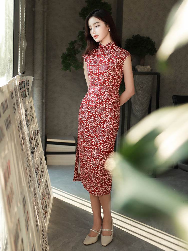 Pompeian Red Lobelia pattern| Modern one-Pieces Qipao Dress(龙葵) - E·Beauty