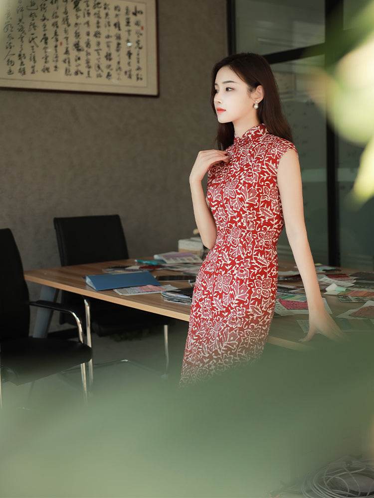 Pompeian Red Lobelia pattern| Modern one-Pieces Qipao Dress(龙葵) - E·Beauty