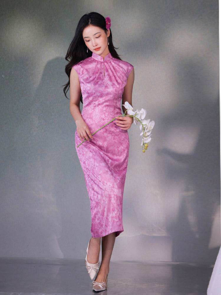 Pink Satin Jacquard Fabric with Silk Finish| Modern one-Pieces Qipao Dress(梅闵) - E·Beauty