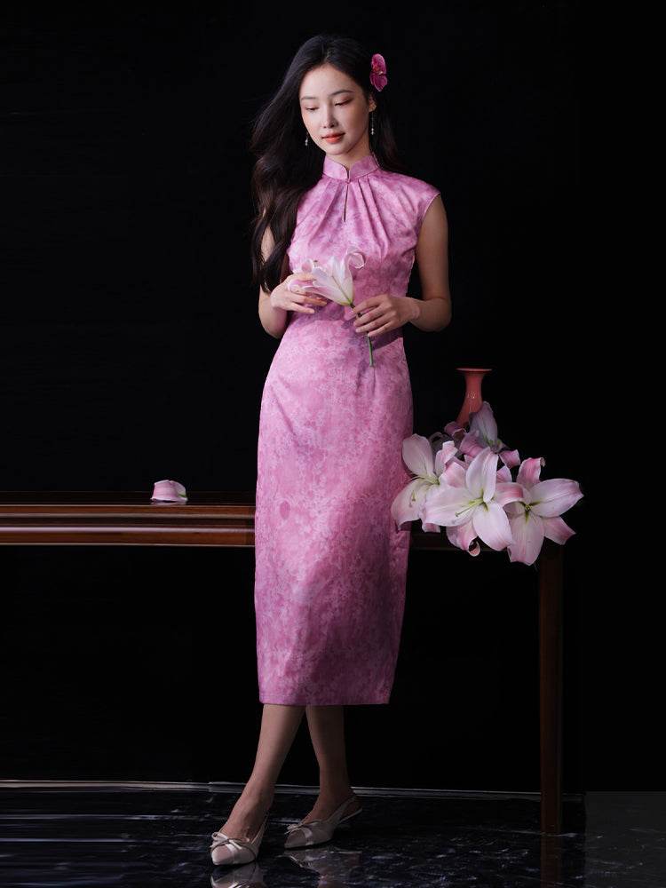 Pink Satin Jacquard Fabric with Silk Finish| Modern one-Pieces Qipao Dress(梅闵) - E·Beauty