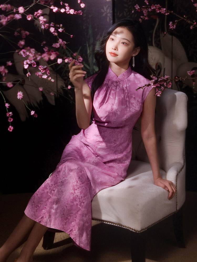 Pink Satin Jacquard Fabric with Silk Finish| Modern one-Pieces Qipao Dress(梅闵) - E·Beauty