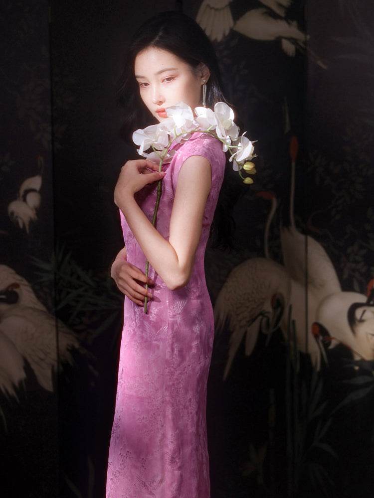 Pink Satin Jacquard Fabric with Silk Finish| Modern one-Pieces Qipao Dress(梅闵) - E·Beauty