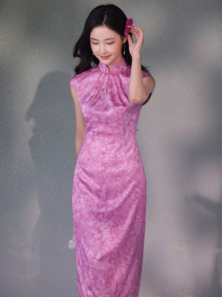 Pink Satin Jacquard Fabric with Silk Finish| Modern one-Pieces Qipao Dress(梅闵) - E·Beauty