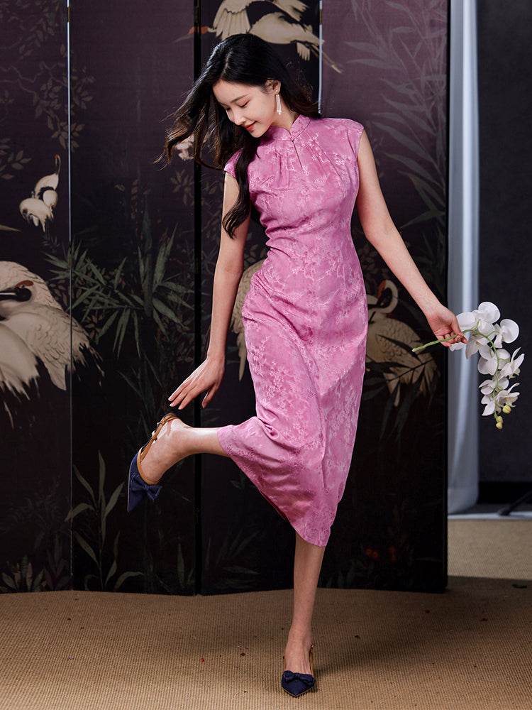 Pink Satin Jacquard Fabric with Silk Finish| Modern one-Pieces Qipao Dress(梅闵) - E·Beauty