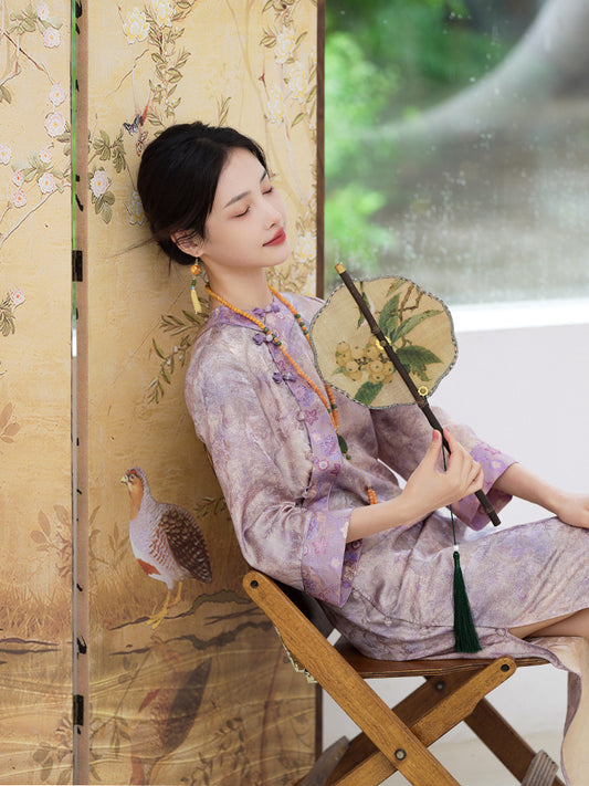 Lilac Purple Handwoven Song Brocade Silk | Modern one-Pieces Qipao Dress (梦予)