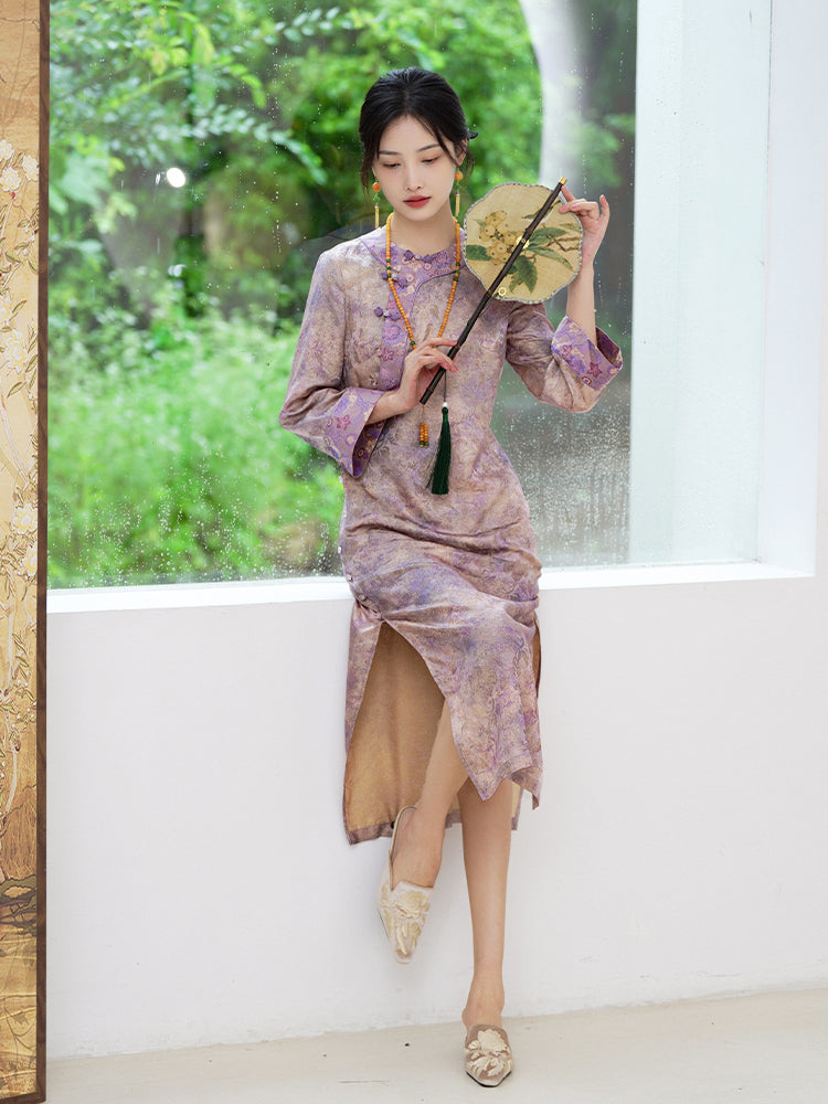 Lilac Purple Handwoven Song Brocade Silk | Modern one-Pieces Qipao Dress (梦予)