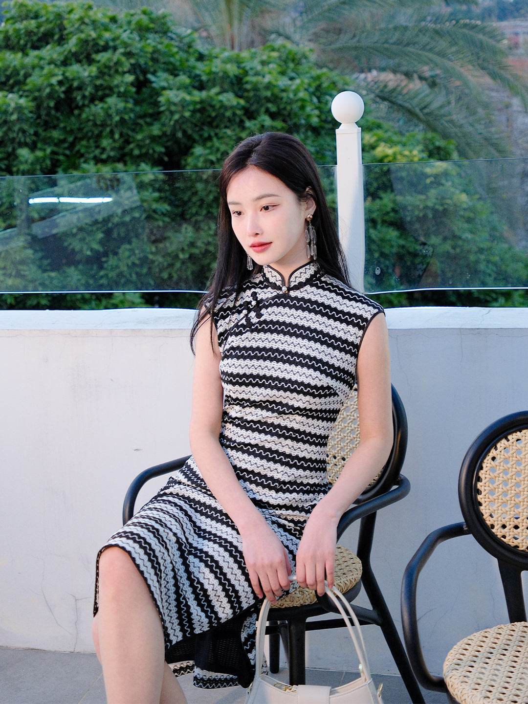 Black and white wave pattern| Modern one-Pieces Qipao Dress(觅晴) - E·Beauty