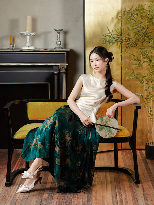 Champagne Weighted Acetate | Neo-Chinese Drop-Shoulder Top (凝芷)